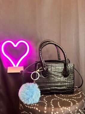 Black Croc-Embossed Women's Handbag with Blue Pom Keychain small mini classic